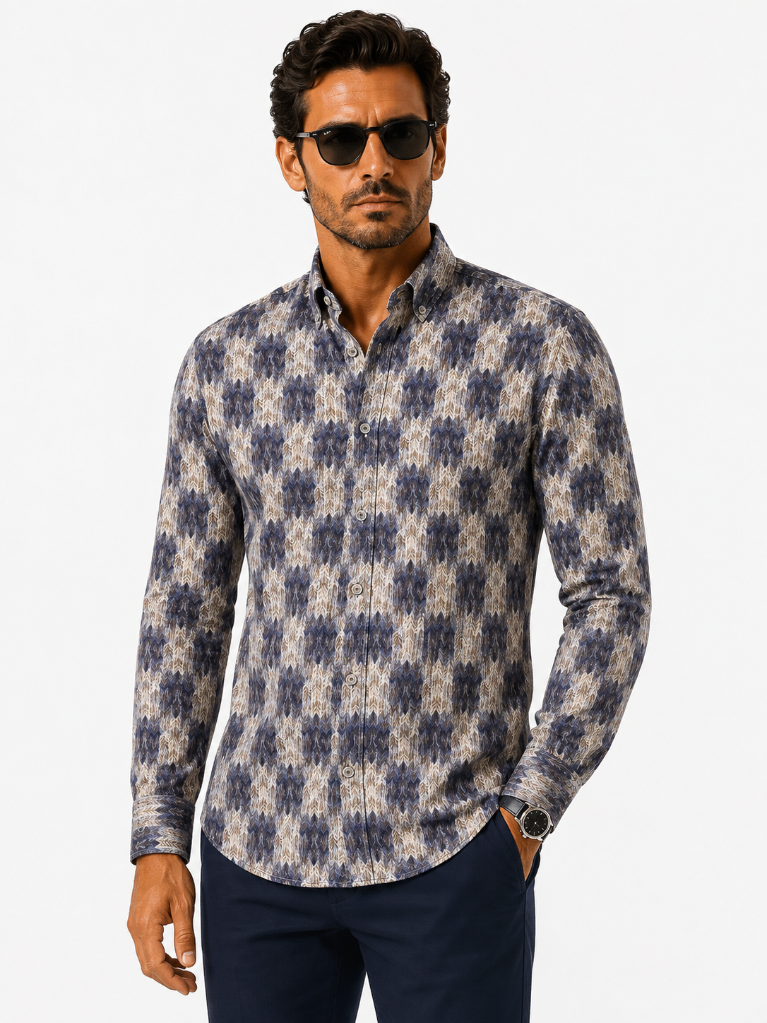 Erkek Uzun Kollu Slim Fit Düğmeli Yaka Desenli Gömlek 4005